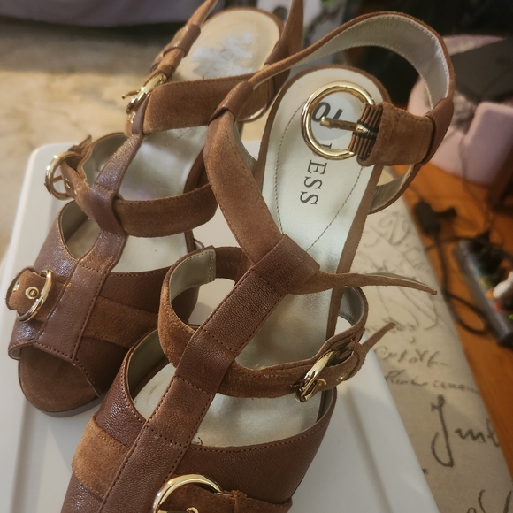 Guess Shoes - Guess Tan Strappy Heels with Gold Accents BRAND NEW NEVER WORN